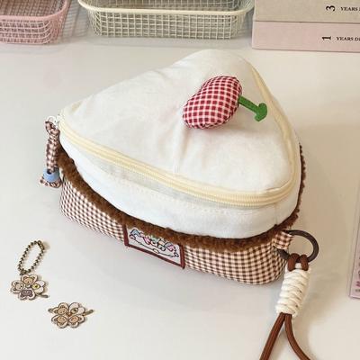 Kawaii Cherry Makeup Bag Large-capacity Triangular Cake Cosmetic Pouch Flip Design Camera Bag Women