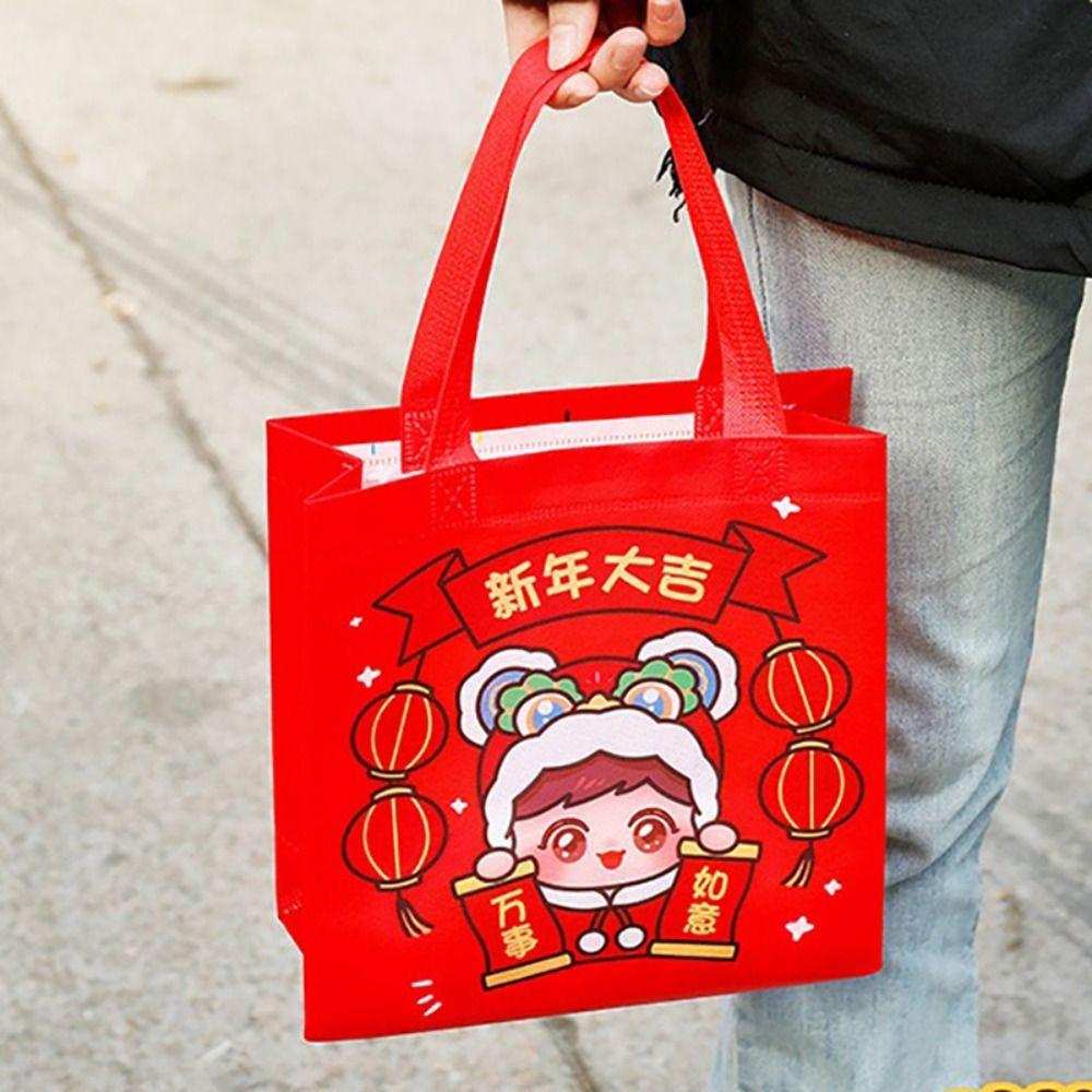 Cartoon Non-woven New Year Gift Bag Portable Red Non-woven Storage Bag Souvenir Packaging Bag The Spring Festival