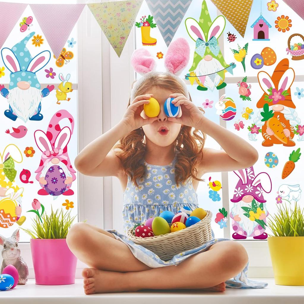 Whaline 18 Sheet Spring St. Patrick's Day Easter Window Clings Stickers Cute Gnome Window Decals Sunflower Bee Shamrock Easter Bunny Eggs Windows