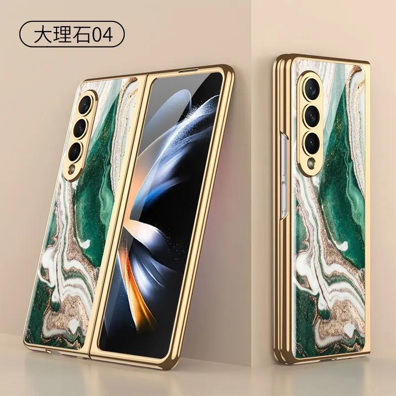 Luxury Plating Frame Case For Samsung Galaxy Z Fold 4 5G Painted Pattern Tempered Glass Hard Cover For Galaxy Z Fold5 4 3 Case