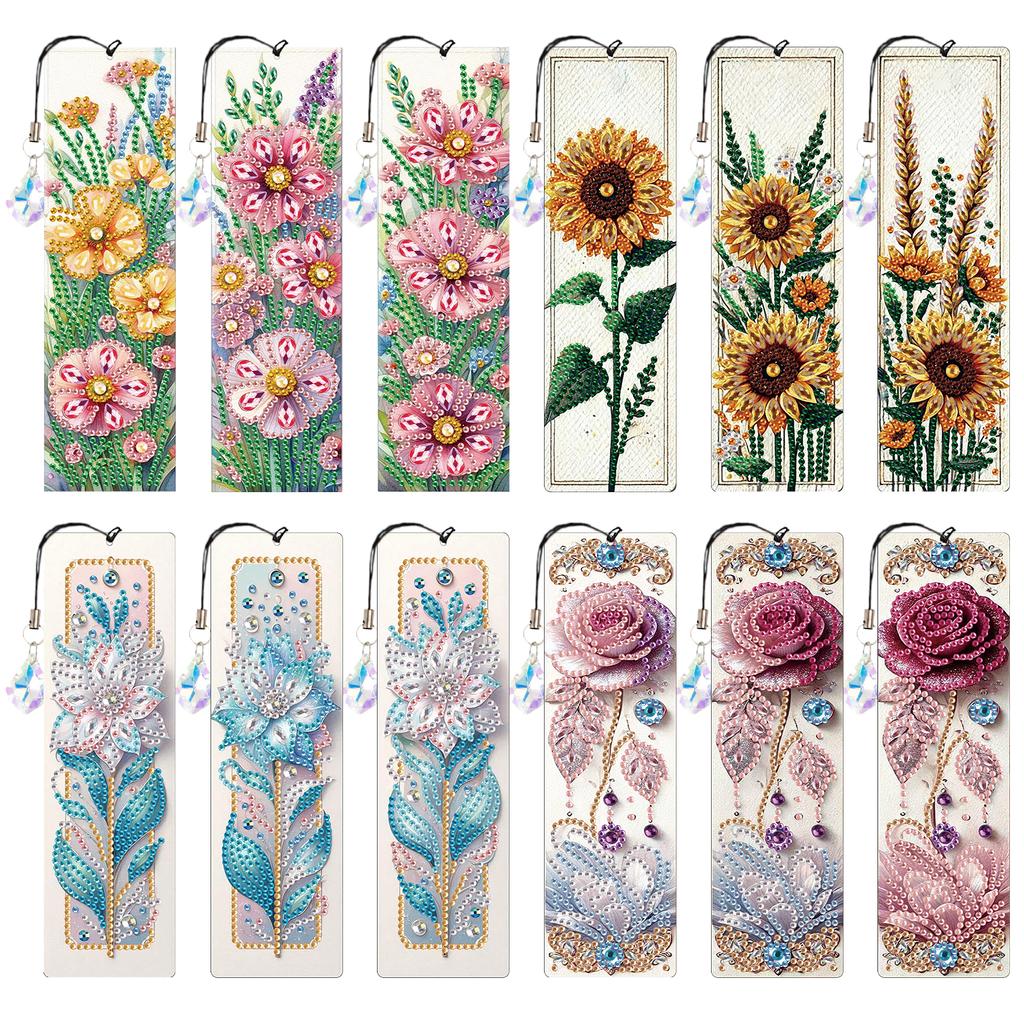 12Pcs Flower Animal DIY Diamond Bookmark Art Projects with Crystal Pendant Diamond Art Bookmark for Adults Book Lovers