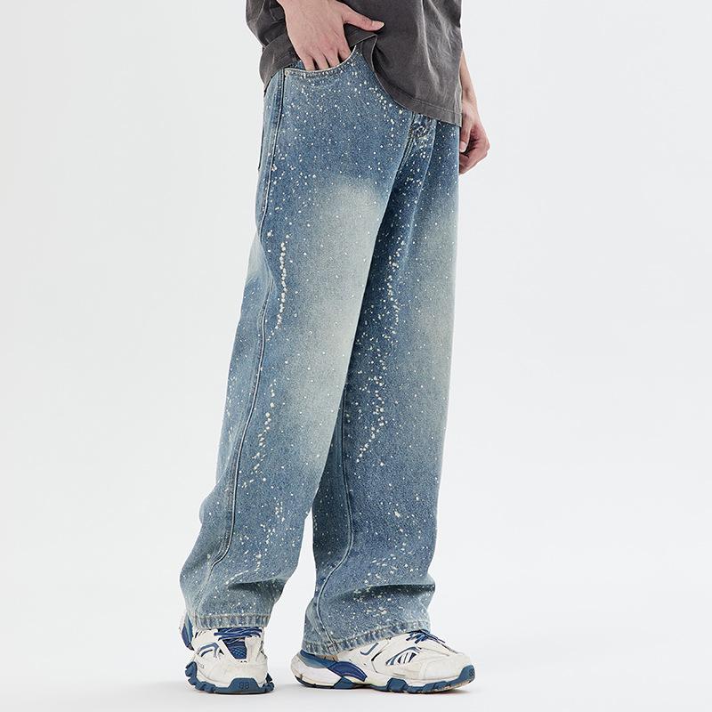 Gypsy hot diamond washed old denim straight pants loose casual men's retro street trendy American wide-leg trousers