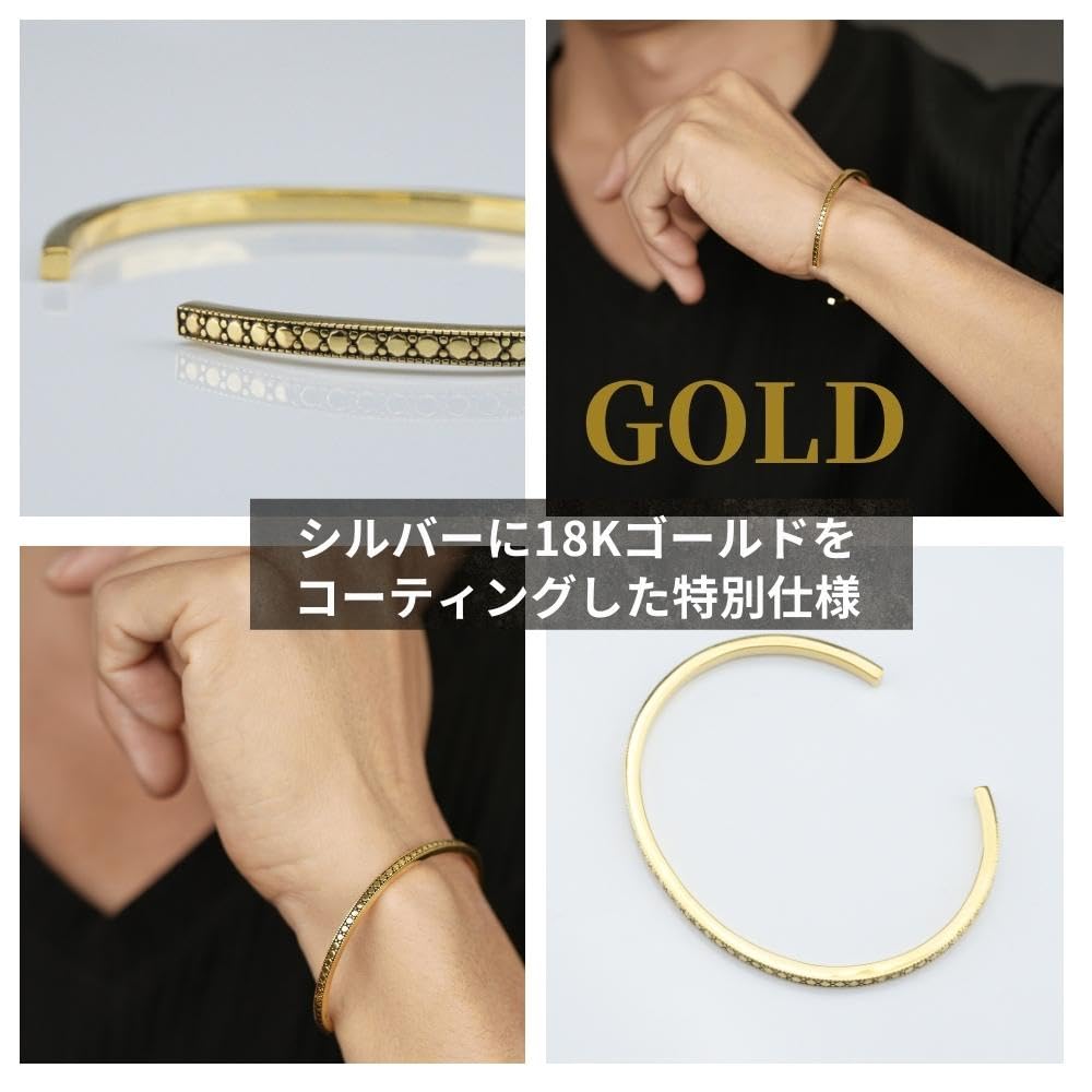 EPIC BOLEN Silver 925 Bangle with 18K Coated Adjustable Size for Men and Women Gold, Simple, (Gold)