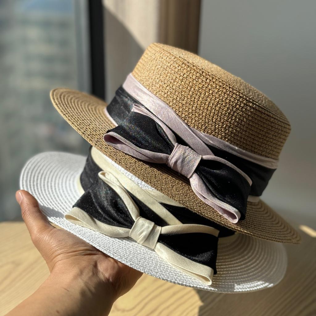 New Straw Woven Flat Top Top Hat Bow Straw Hat Summer Outing Seaside Sunshade and Sun Protection