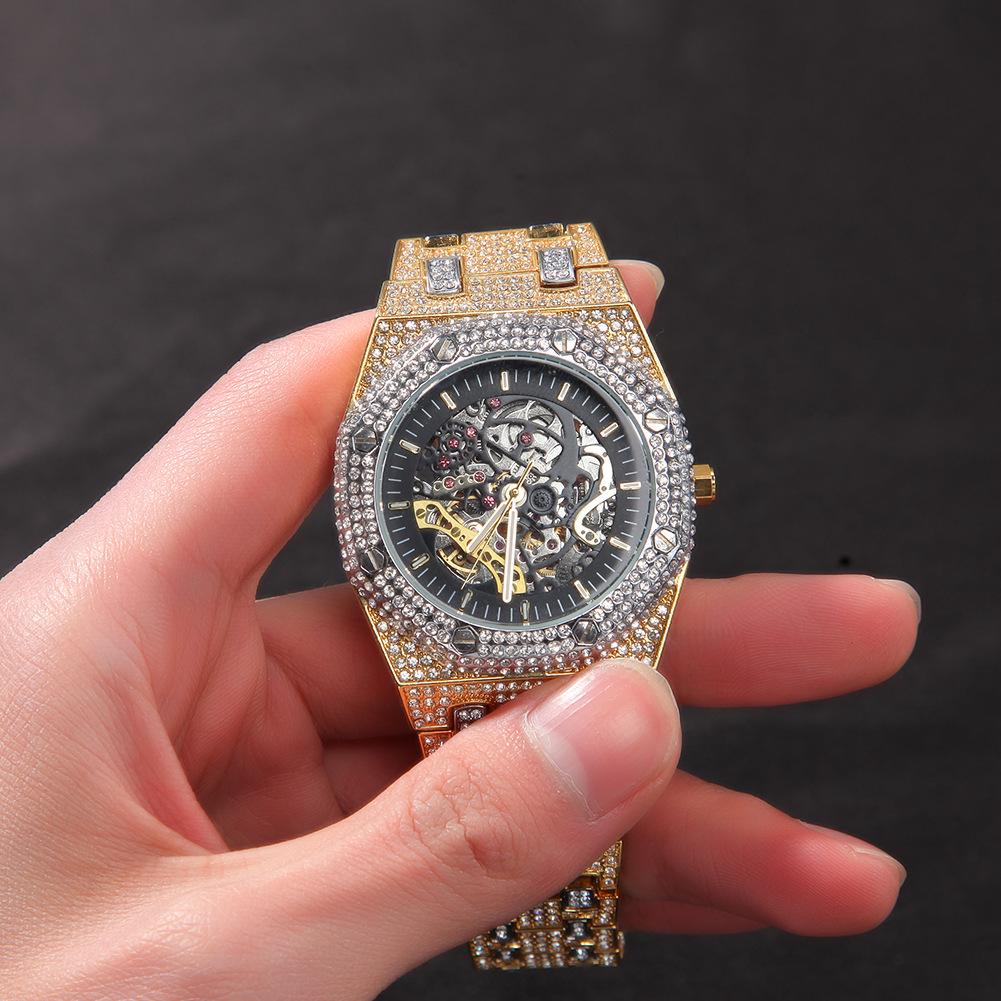 Men's Hip Hop Diamond Skeleton Transparent Mechanical Watch - Fashionable New Design