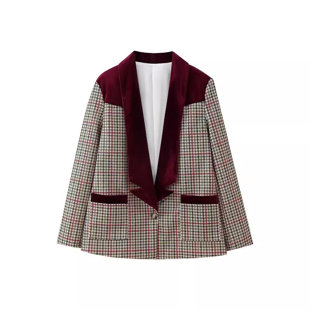 

Винтажный клетчатый принт женские пиджаки куртки с длинным рукавом карманы пэчворк тонкие женские пальто 2024 весна осень шикарная женская уличная одежда L бордовый