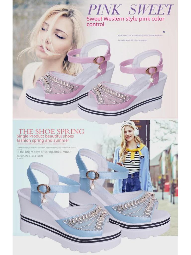 Γυναικεία Καλοκαιρινά Σανδάλια Σφήνα - Στρας, Με Μονό Κούμπωμα, Σχέδιο Peep Toe