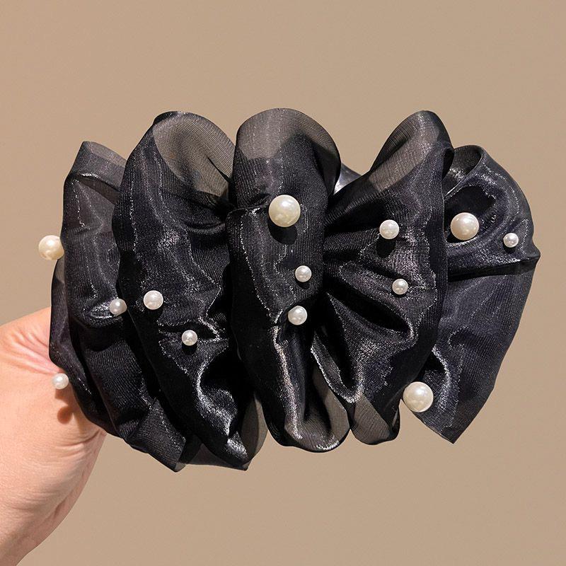 Elegant French Pearl Hair Clips: Large Bow Claw for Thick Hair 13cm