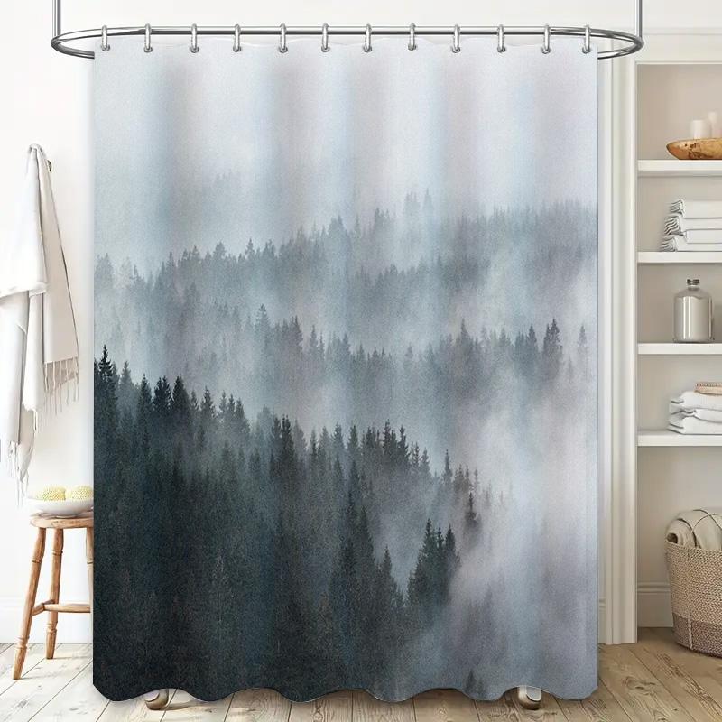 Forest Fog Shower Curtain Nature Mist Trees Landscape Backdrop Scenic Bathroom Decor Vintage Artistic Wall Hanging Tapestry
