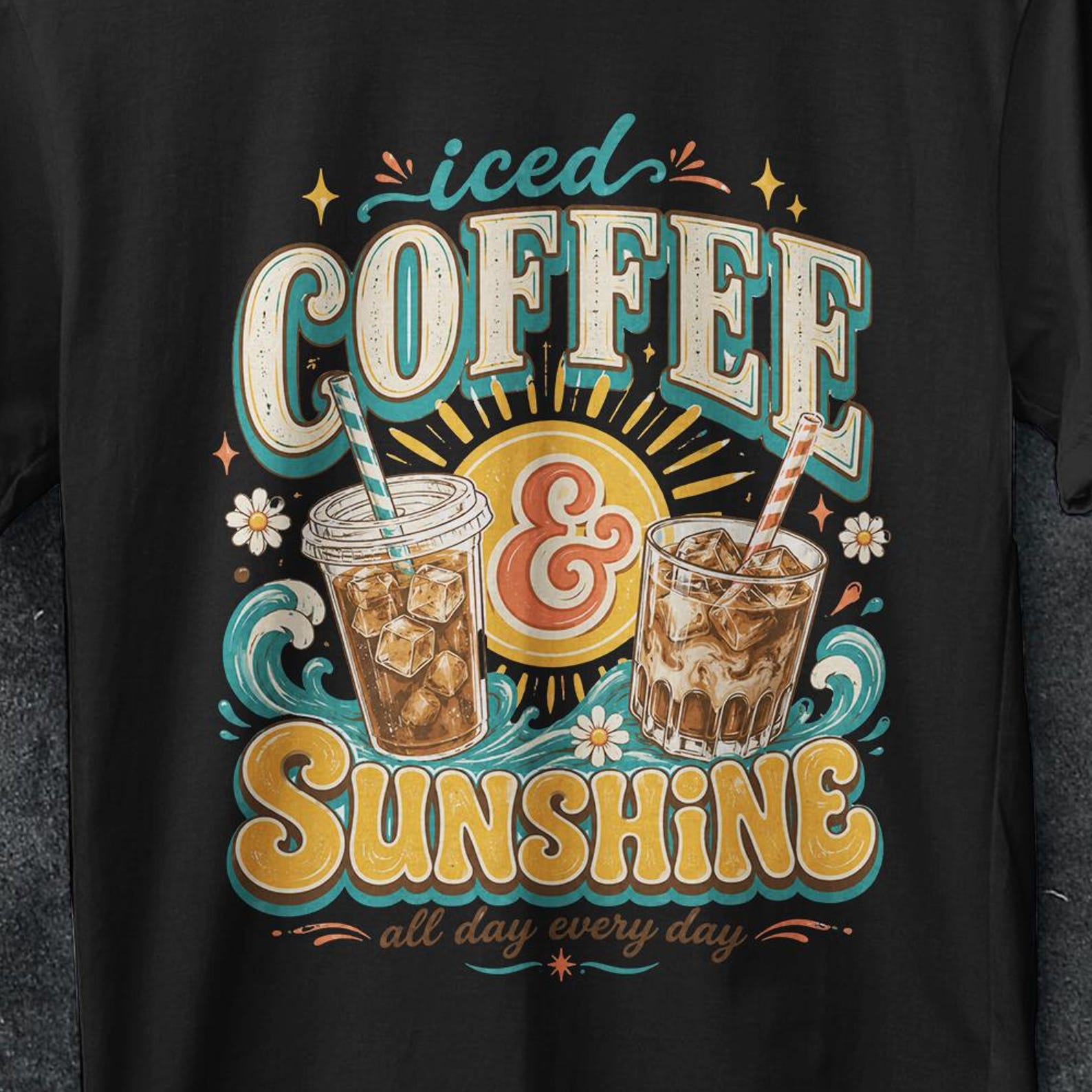 Iced Coffee and Sunshine Shirt, funny gifts, vintage t shirt, Iced Coffee Shirt, Coffee Lover Gift, Summer Vibes Shirt, Coffee T Shirt, gift 2XL