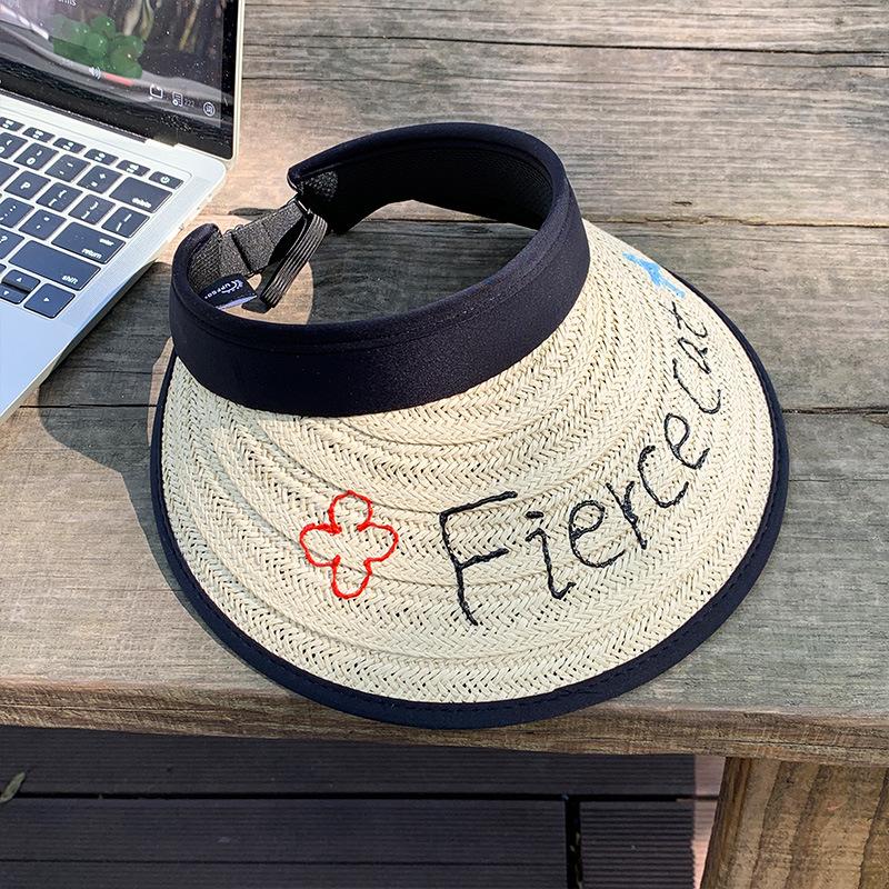 

Складная соломенная шляпа-повязка с открытым верхом, женская летняя шляпа с большими полями для защиты от солнца, для путешествий на пляже, морская шляпа от солнца M（56-58cm） бежевый