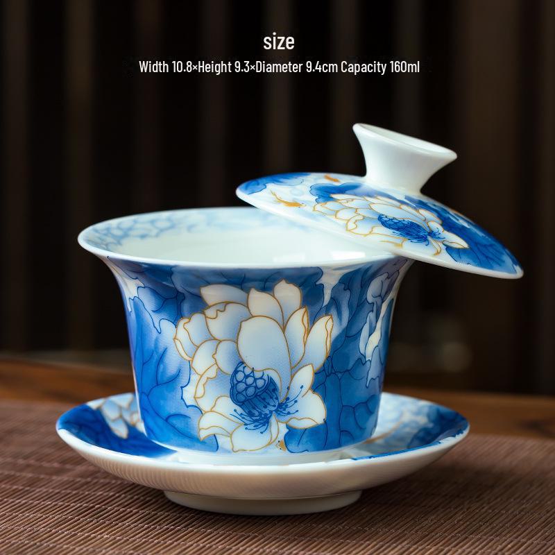 Blue & White Porcelain Covered Kung Fu Tea Bowl - Large Ceramic Sancai Household Set