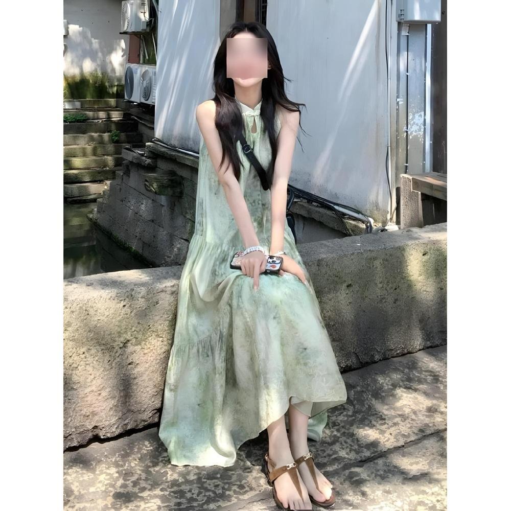 Green printed neck dress women's leisure new summer seaside vacation floral temperament long skirt