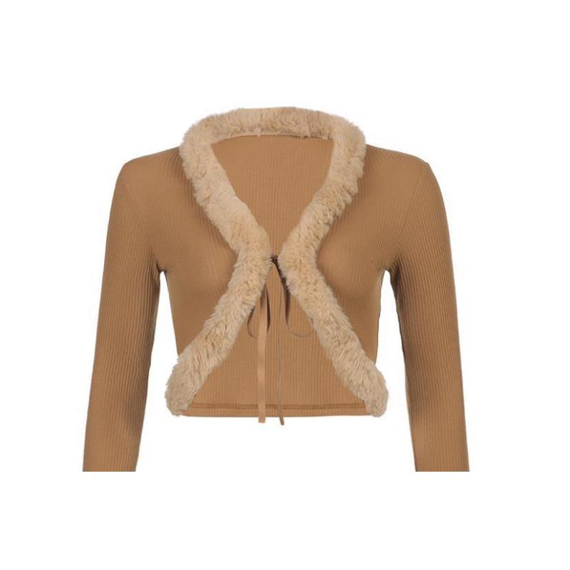 

Женский укороченный кардиган с V-образным вырезом и меховой отделкой, осенний модный сексуальный однотонный тонкий топ, повседневное короткое пальто с длинным рукавом L коричневый