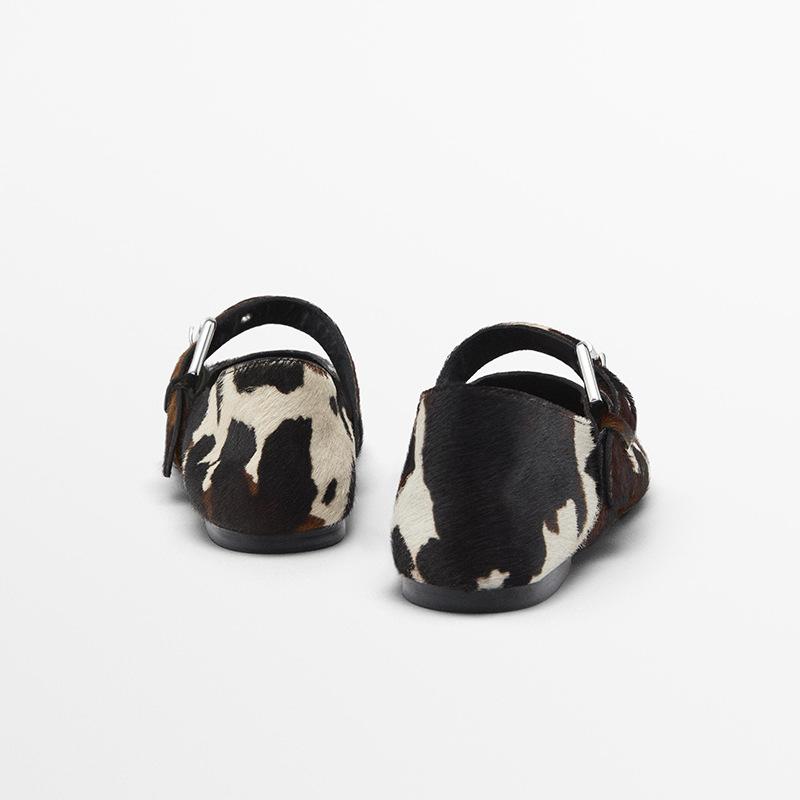 MD  Shoes New Leather Flat Shoes Leopard Print Horse Hair Mary Jane Shoes Comfortable Fashion Ballet Shoes