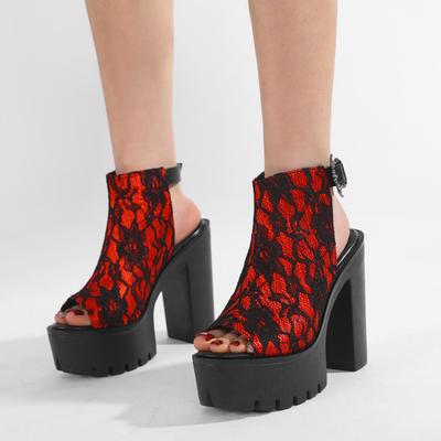 Elegant Retro Fishnet High Heels for Women Lace Peep Toe Platform Shoes with Ankle Strap Red Platform Sandals Slingback