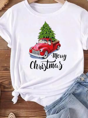 (Asian Size) New Year Women's Top T Tee Merry Christmas Festival O-neck Car Tree Clothing  Print Fashion Ladies Graphic T-shirts