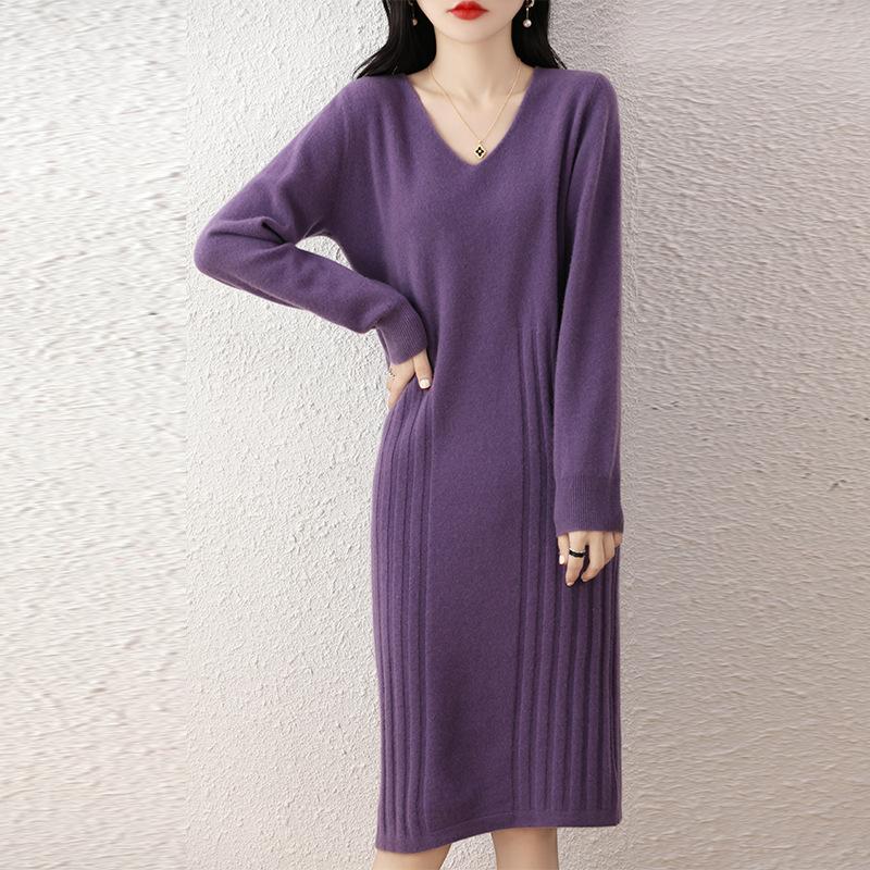 Pure Wool Strip V-neck Mid-length Dress for Women In Autumn and Winter New Fashionable and Versatile Age-reducing Slimming Over-knee Skirt