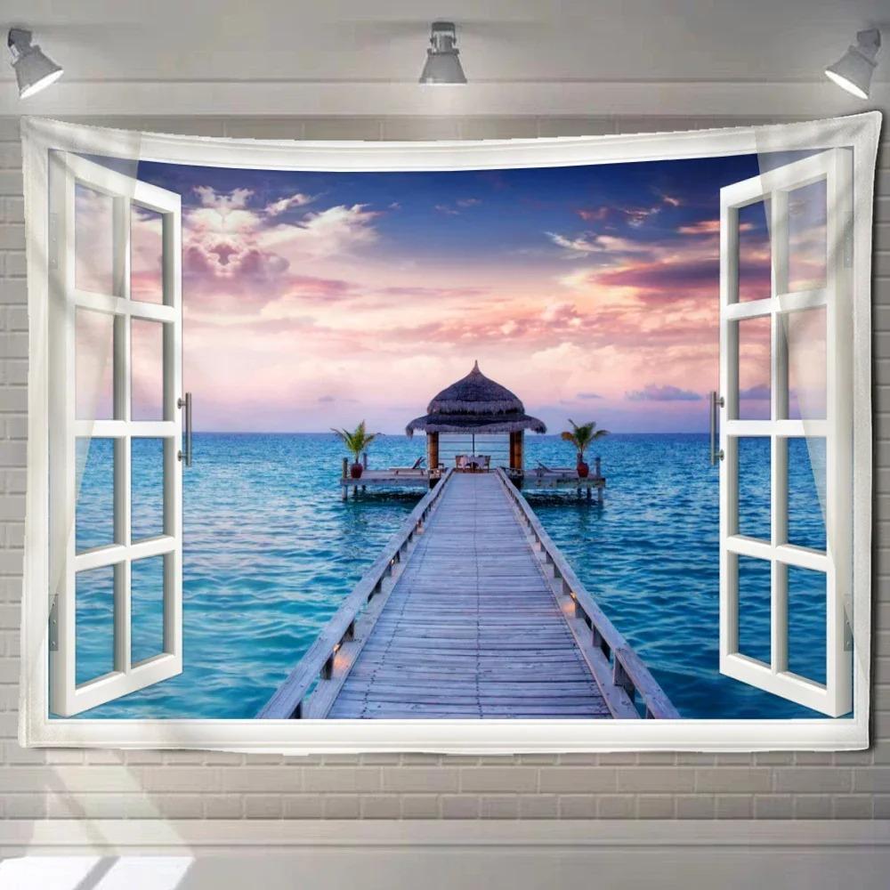 Home decoration natural ecological beach scenery imitation window paper art tapestry background wall room beautiful living room