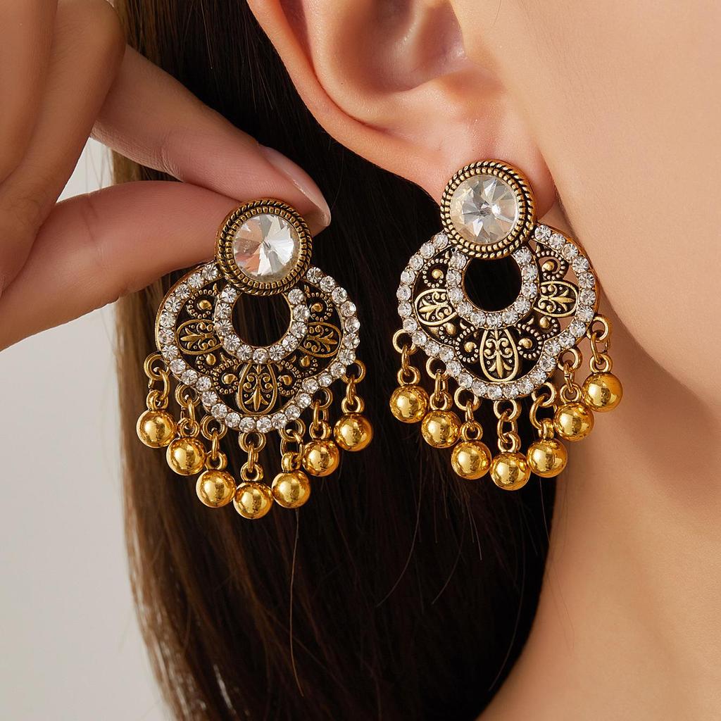 Bohemian Ethnic Style Diamond Tassel Petal Earrings for Women, Exaggerated Openwork Design