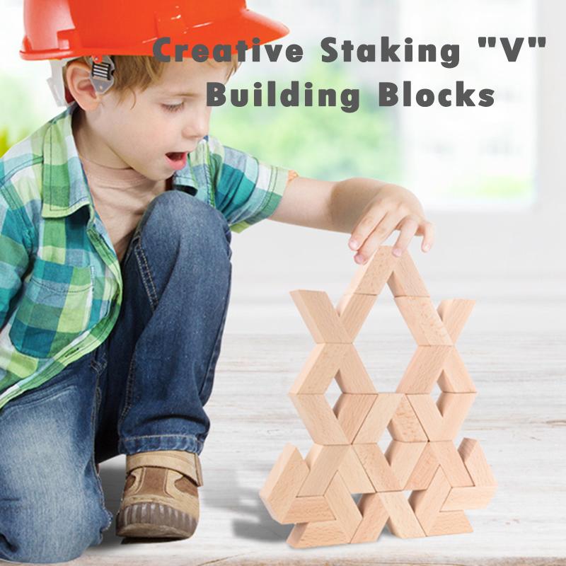 16pcs V Shape Natural Large Wooden 3D Building Blocks Toys Baby Unpaint Wooden Montessori Educational Stacking Blocks Toy Child