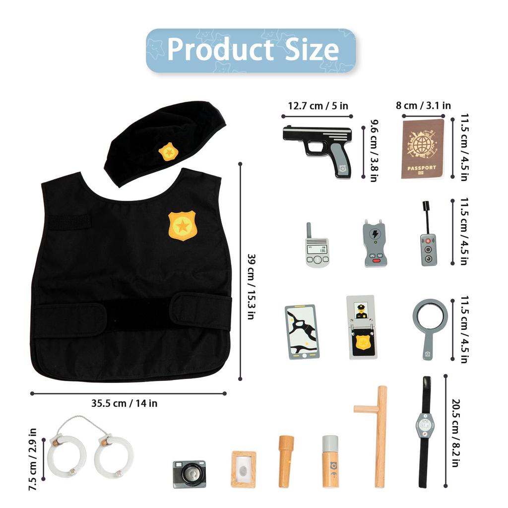 [UMU] 17-Piece Wooden Police Set for Kids, Includes Police Officer, Handcuffs, Police Gear, Toy Pistol, and Toy Walkie-Talkie for Role Play, Perfect