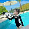 2025 Color Block Girls' Long Sleeve One-Piece Swimsuit, Black, Sizes S-L, with Zipper