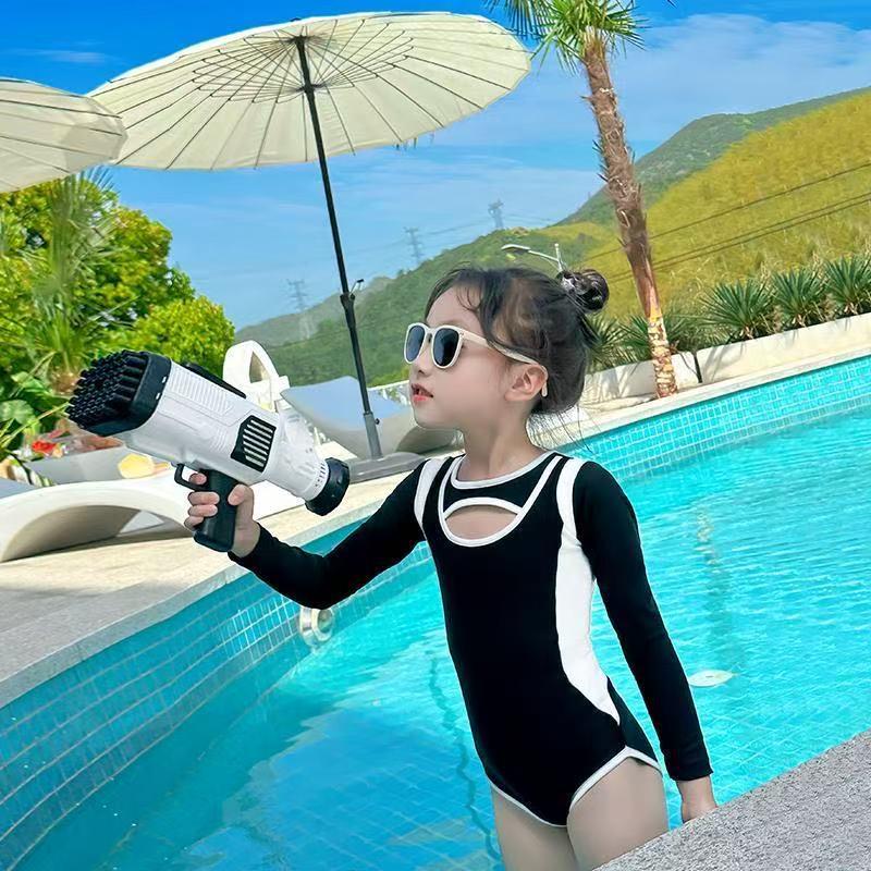 2025 Color Block Girls' Long Sleeve One-Piece Swimsuit, Black, Sizes S-L, with Zipper