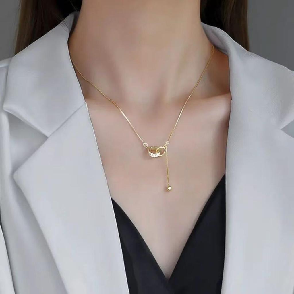 High-End Diamond Double Ring Tassel Necklace for Women - Simple, Fashionable Clavicle Chain