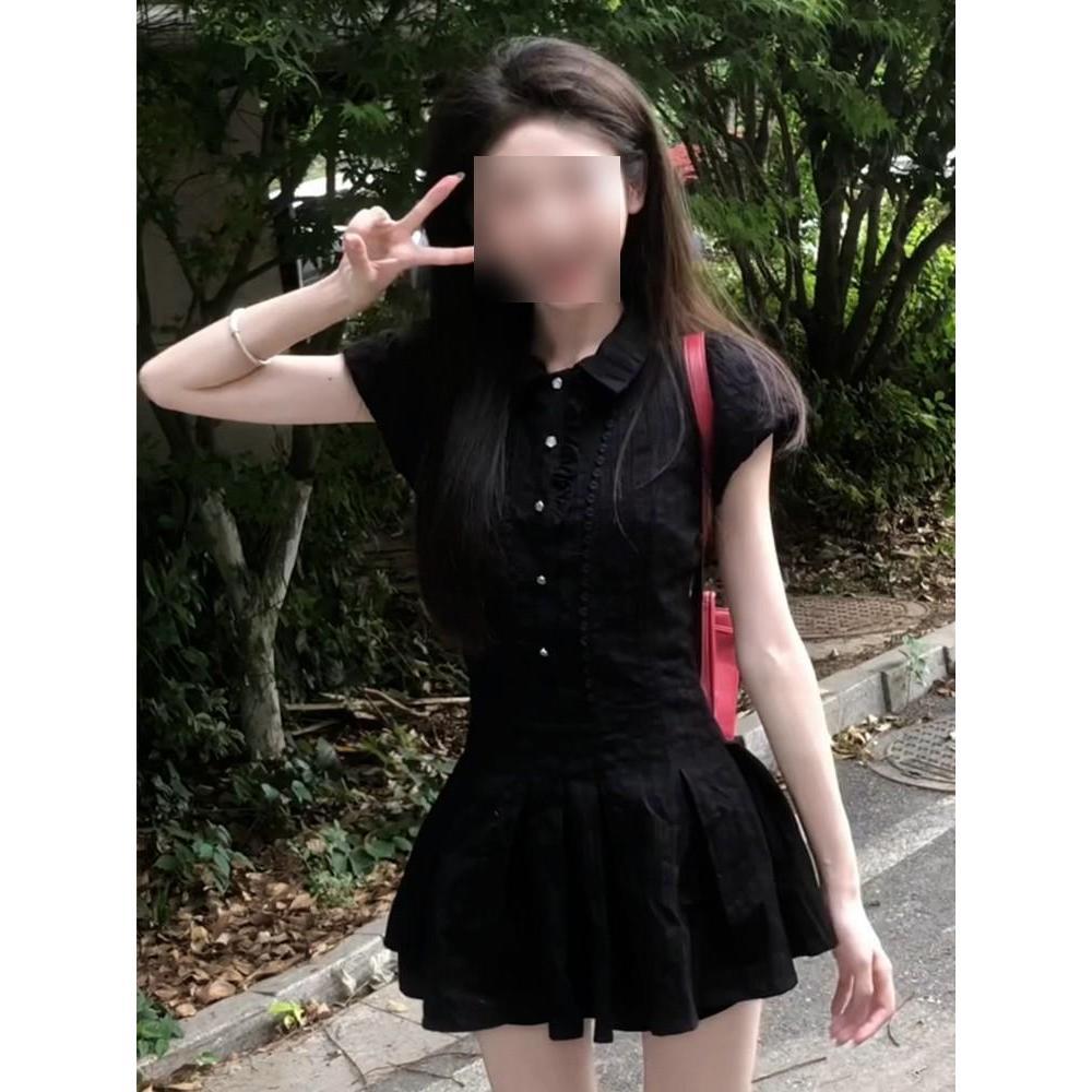 College lapel bubble sleeve shirt dress casual temperament elegant women's summer sweet style slim dress