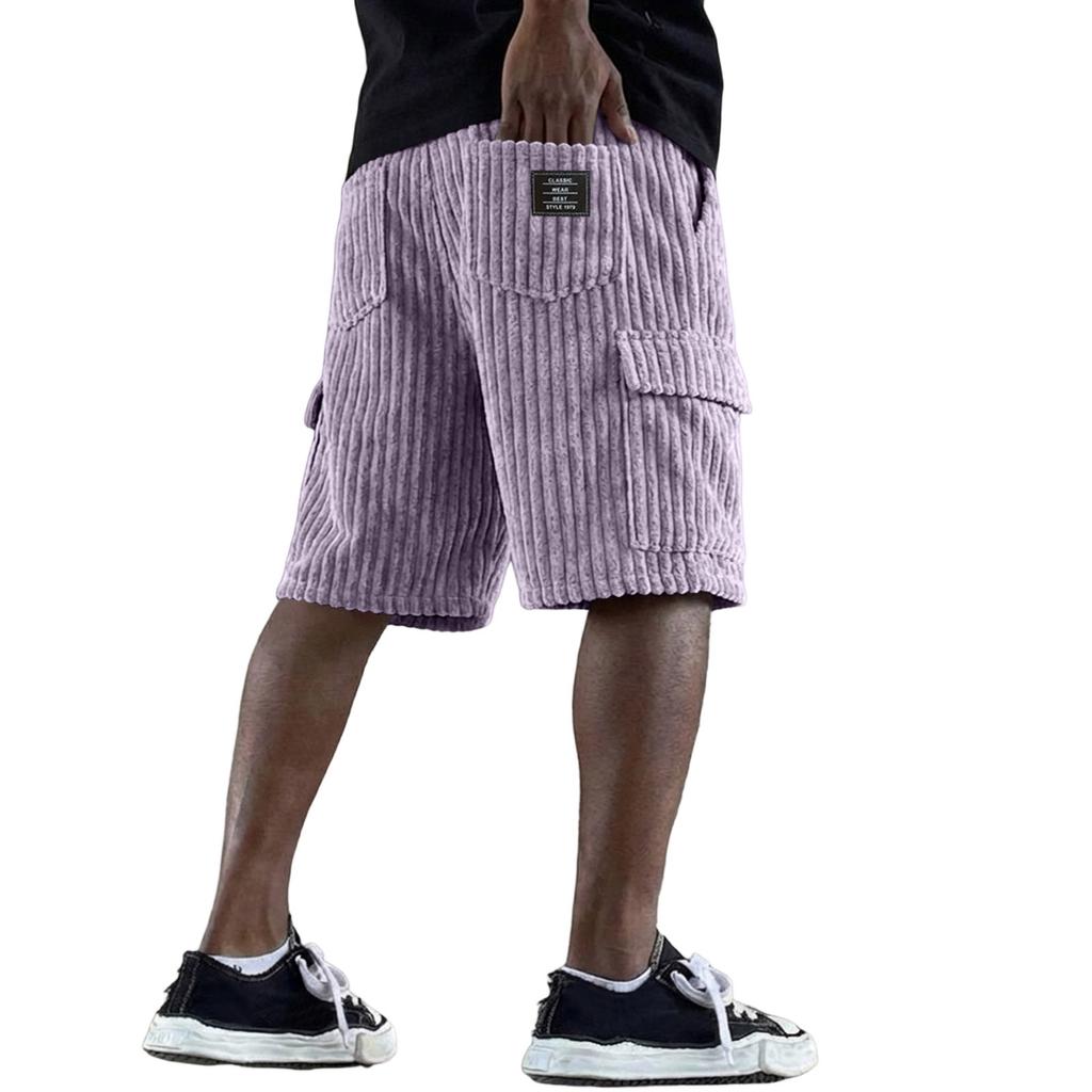 Herren Corduroy Lockere Passform Shorts Vintage Stil Lockere Freizeitshorts mit Lederetikett und großem Streifenmuster Design
