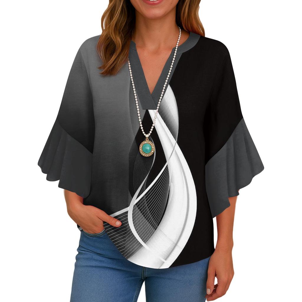 3/4-Ärmel-Shirts für Damen, süßer Aufdruck, Grafik-T-Shirts, Blusen, lässig, Übergröße, Basic, Oberteile mit Rüschenärmeln, Pullover