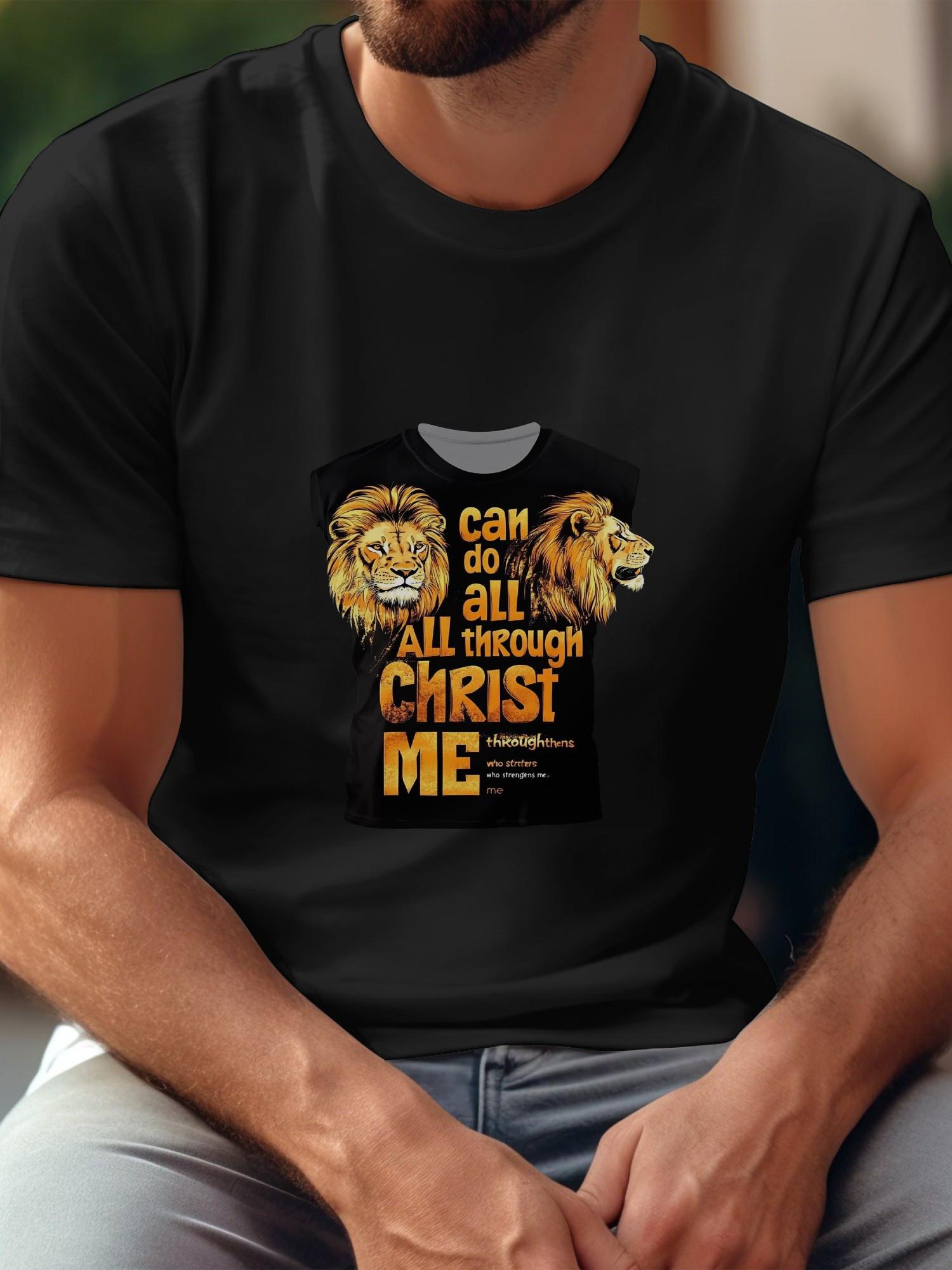 1pc Bible-inspired motivational lion graphic T-shirt XXXL