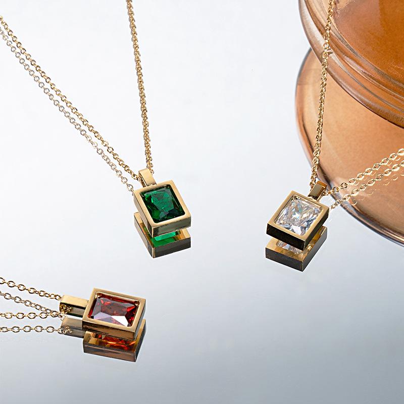 Emerald Zircon Pendant Necklace - Gold-Plated Titanium Steel, Fade-Resistant, Light Luxury Collarbone Chain.