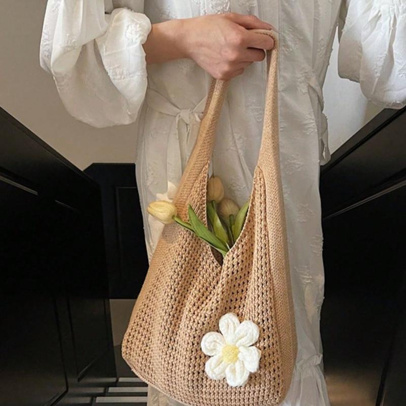 One Shoulder Woven Bag, New Vacation Casual Beach Bag, Crochet Woven Tote Handbag, Back To School Student Project Bag