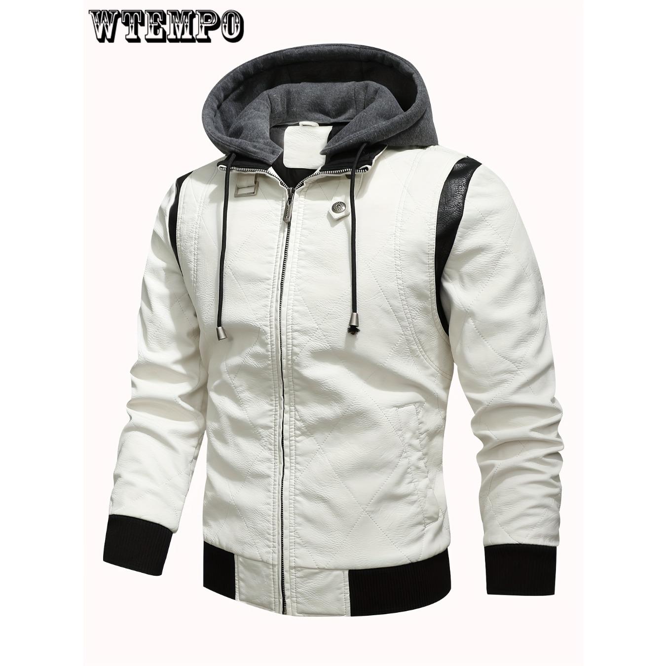 

Чоловіча приталена зимова повсякденна куртка зі штучної шкіри на блискавці з довгим рукавом і капюшоном XXXL білий