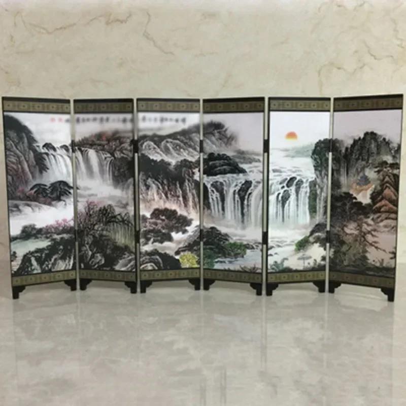 Mini Folding Screen Chinese Style Gift View Home Tabletop Decoration Doll Room Partition Divider 6 Panels Vintage Wood Screen