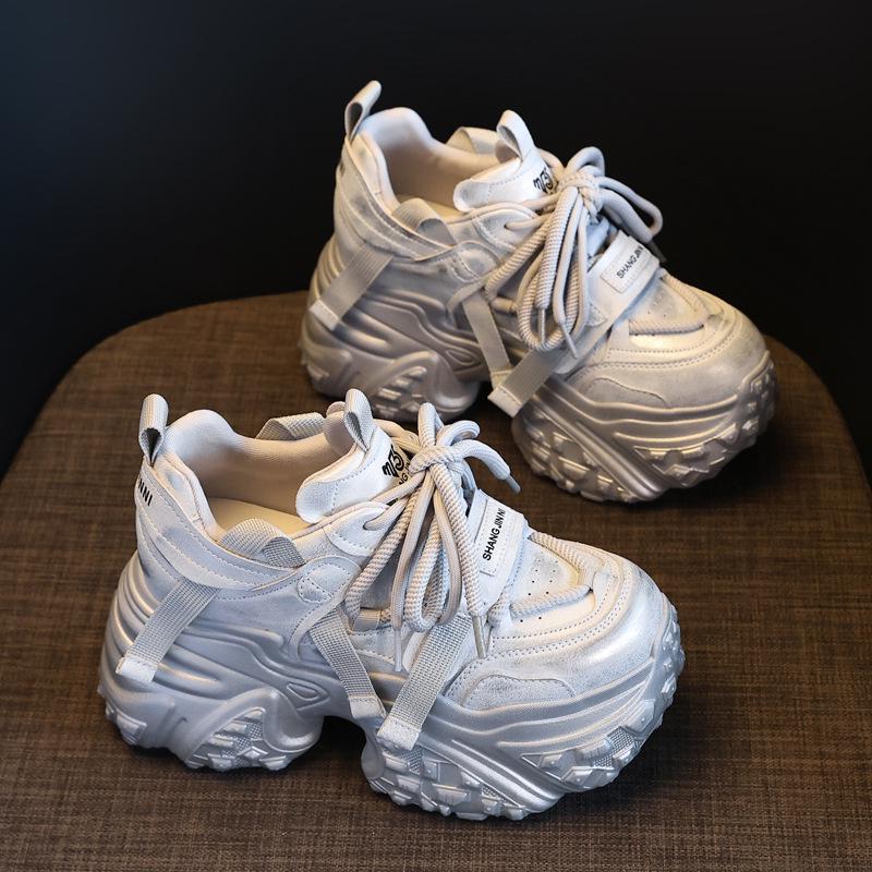 

HS597-125 Жіночі кросівки на товстій підошві, що збільшують зріст, 2025 Осінь, стиль інтернет-знаменитості, повсякденні татові кросівки 38 срібний
