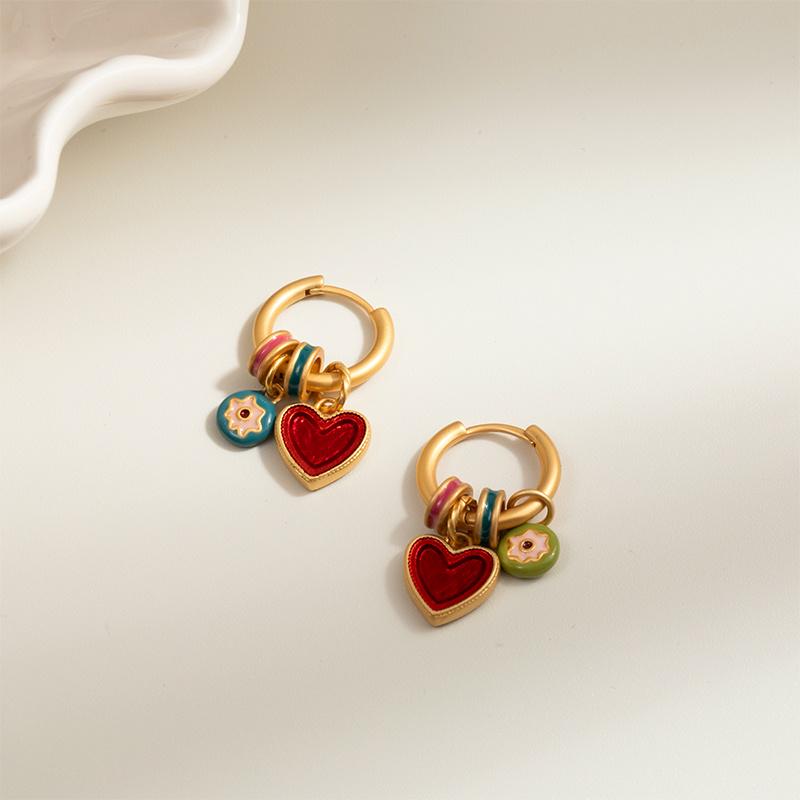 New Retro Chinese Style Colorful Enamel Heart Earrings - Minimalist High-End Design for Women