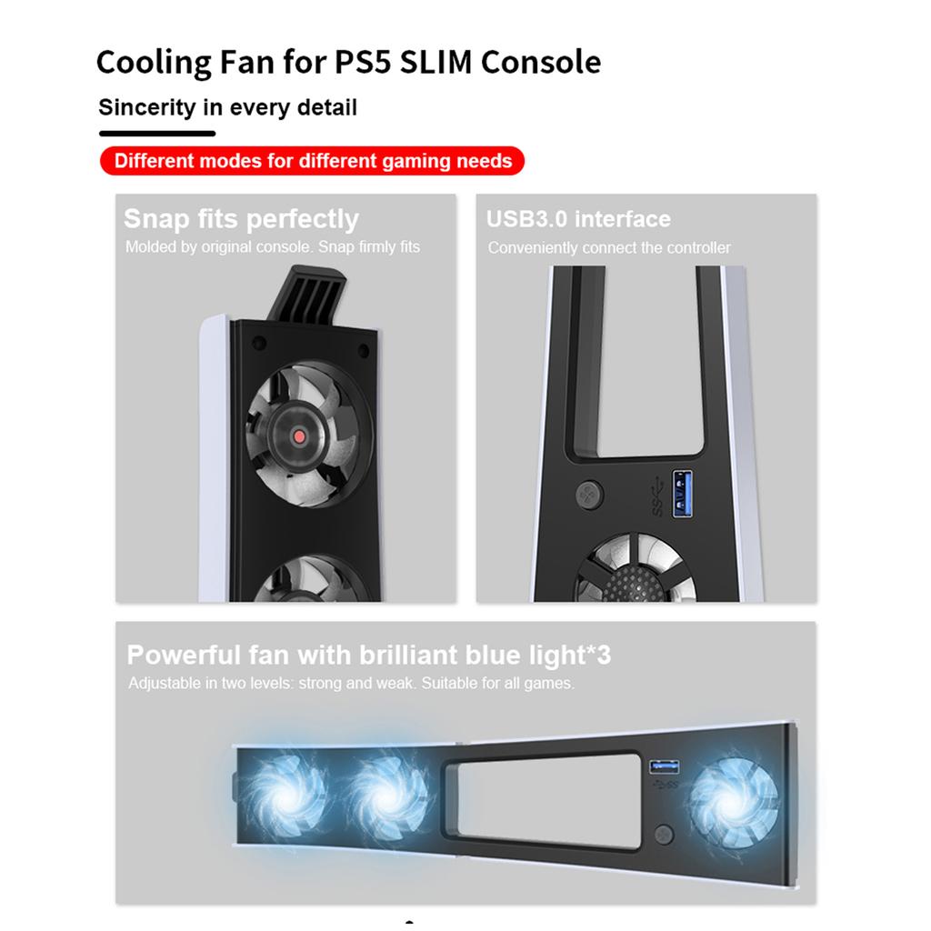 Console Cooling Fan Game Machine Cooling System with 3 Fans LED Light for PS5 Slim Digital & Discs Edition USB3.0 Port