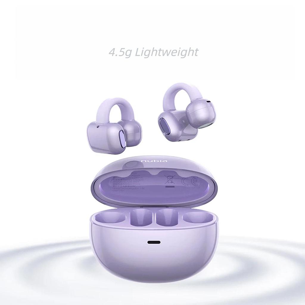 nubia Bluetooth Earphones Clip-On, Bone Conduction Concept, Open-Style, Non-In Sports Running, Ultra-Long Battery Life Compatible, Purple