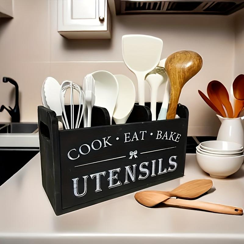 Large Wooden Utensil Holder 3-Compartment Countertop Organizer for Kitchen Tools, Heavy-Duty Wall-Mount Rustic Storage Rack