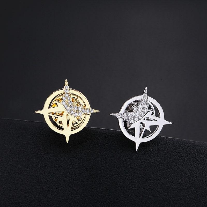 Six-Pointed Star Brooch Rhinestone Metal Lapel Pin for Men Women Suit Corsage Shirt Collar Button Office Leisure Jewelry