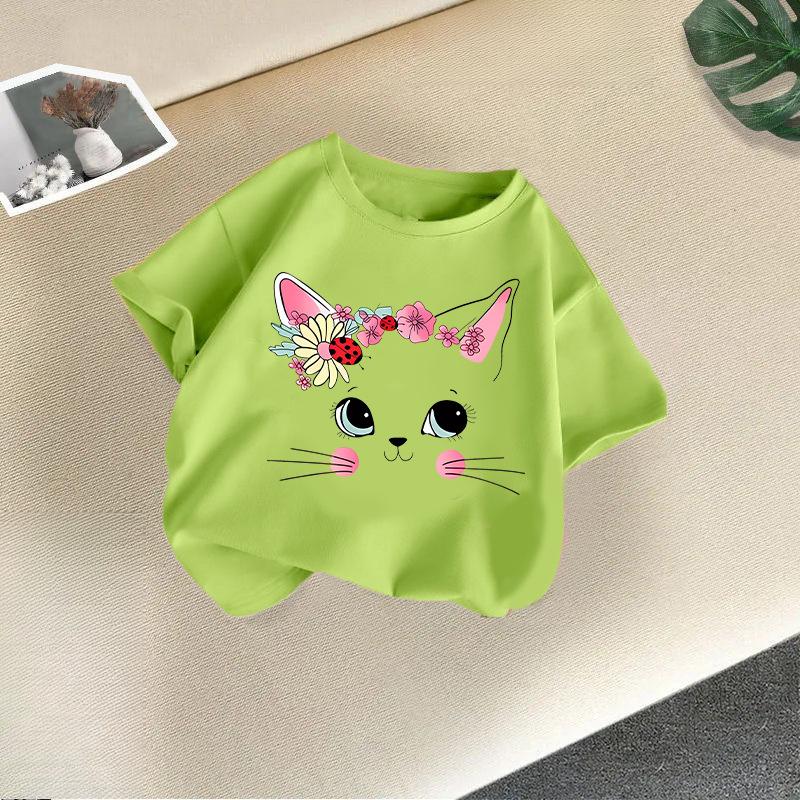 Summer Kids T Shirt Flower Cat Graphic Shirt Girls Floral Kitty Tops White Short Sleeve Wild Tee Cute Animal Cartoon Cat T-shirt