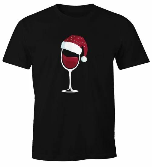 Mens Christmas Funny Wine Glass Santa Hat Xmas Themed T-Shirt- S