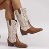 New Embroidery Women Western Cowboy Boots Slip On Thick Heels Knight Long Booties Retro Style Autumn Winter Female Shoes
