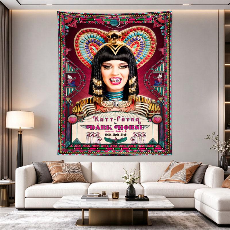 Katy Perry as an Egyptian pharaoh in a colorful art-nouveau frame, Dark Horse concert poster, rich painterly shading, Room Decor Accent