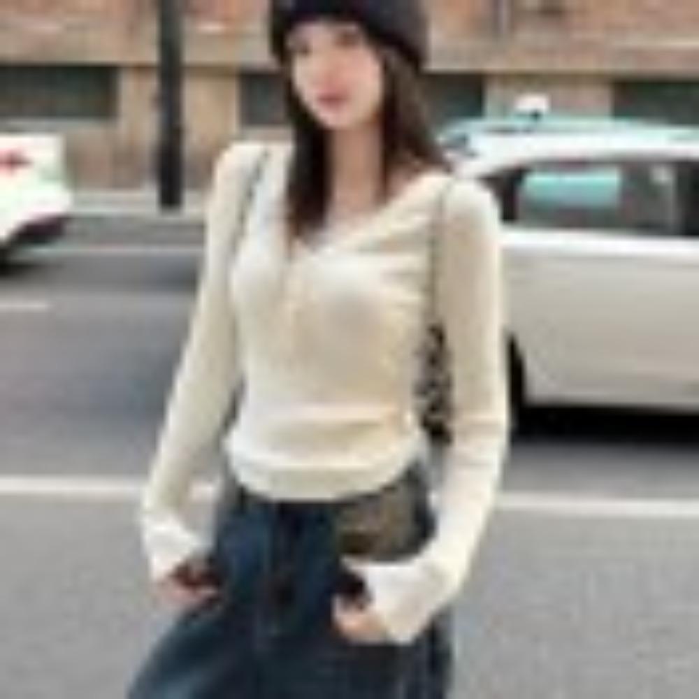 

Базовый слой из чистого кружева с V-образным вырезом для женской осени, свитер с длинными рукавами, в сочетании с облегающим топом one size белый