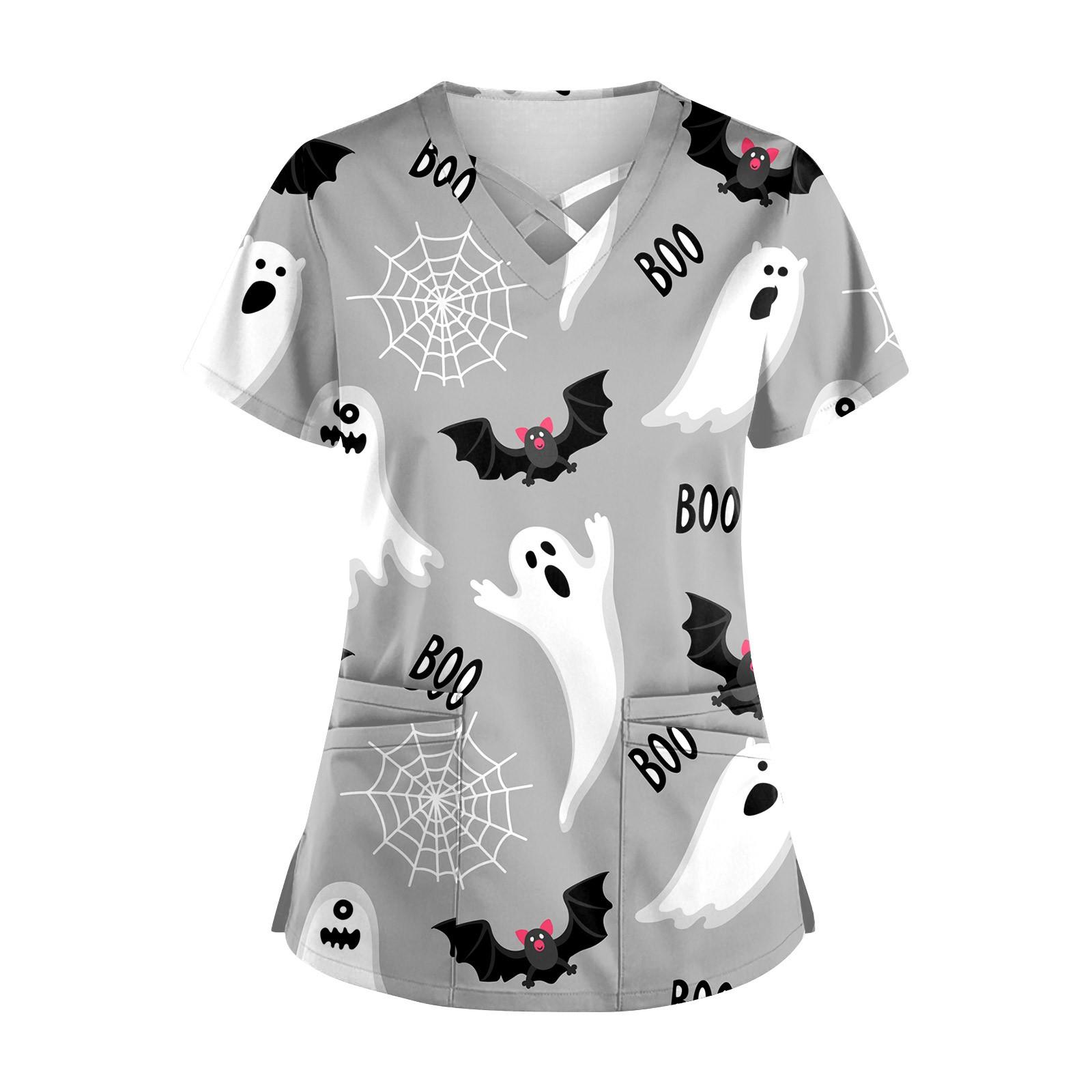 

Plus Size Hallowen Printed Scrub Working Uniform Tops For Women Cross V-Neck Short Sleeve Fun T-Shirts Workwear Tee With Pockets XXXXXL