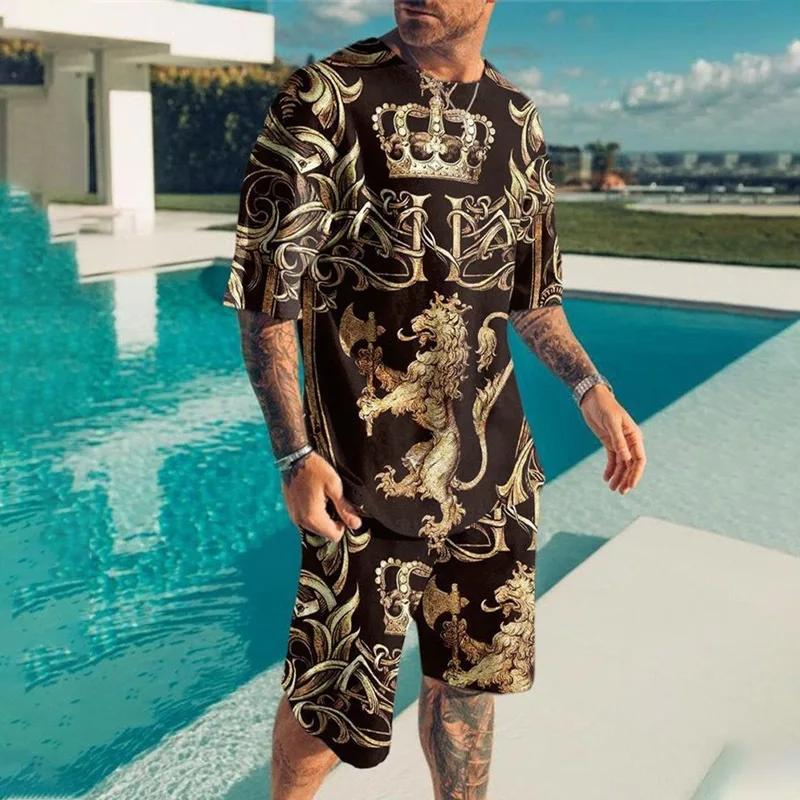 Men Cool Lion Tiger T-shirt Set 3D Animal  Print Casual Style T-shirt Shorts Set Summer New Fashion Street Clothing High-quality
